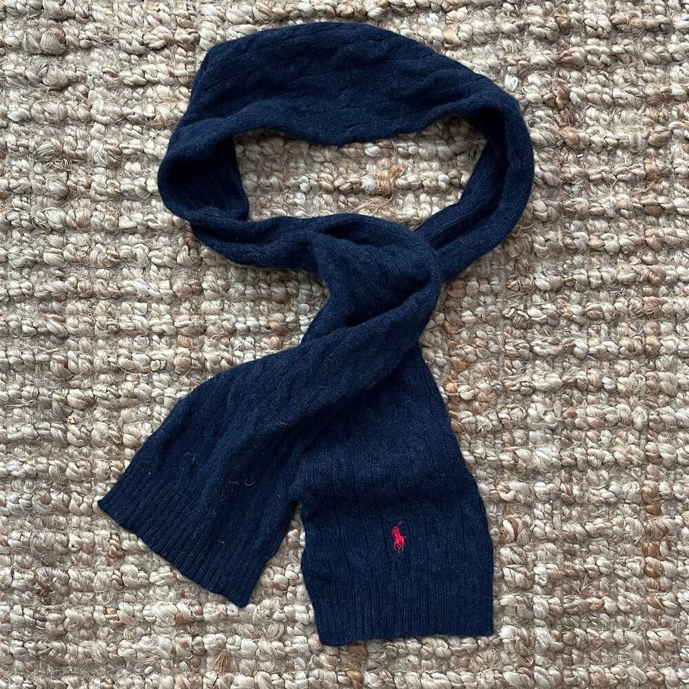 Polo Ralph Lauren Navy Cable Knit Scarf Red Pony Wool Blend 60" x 6" EUC